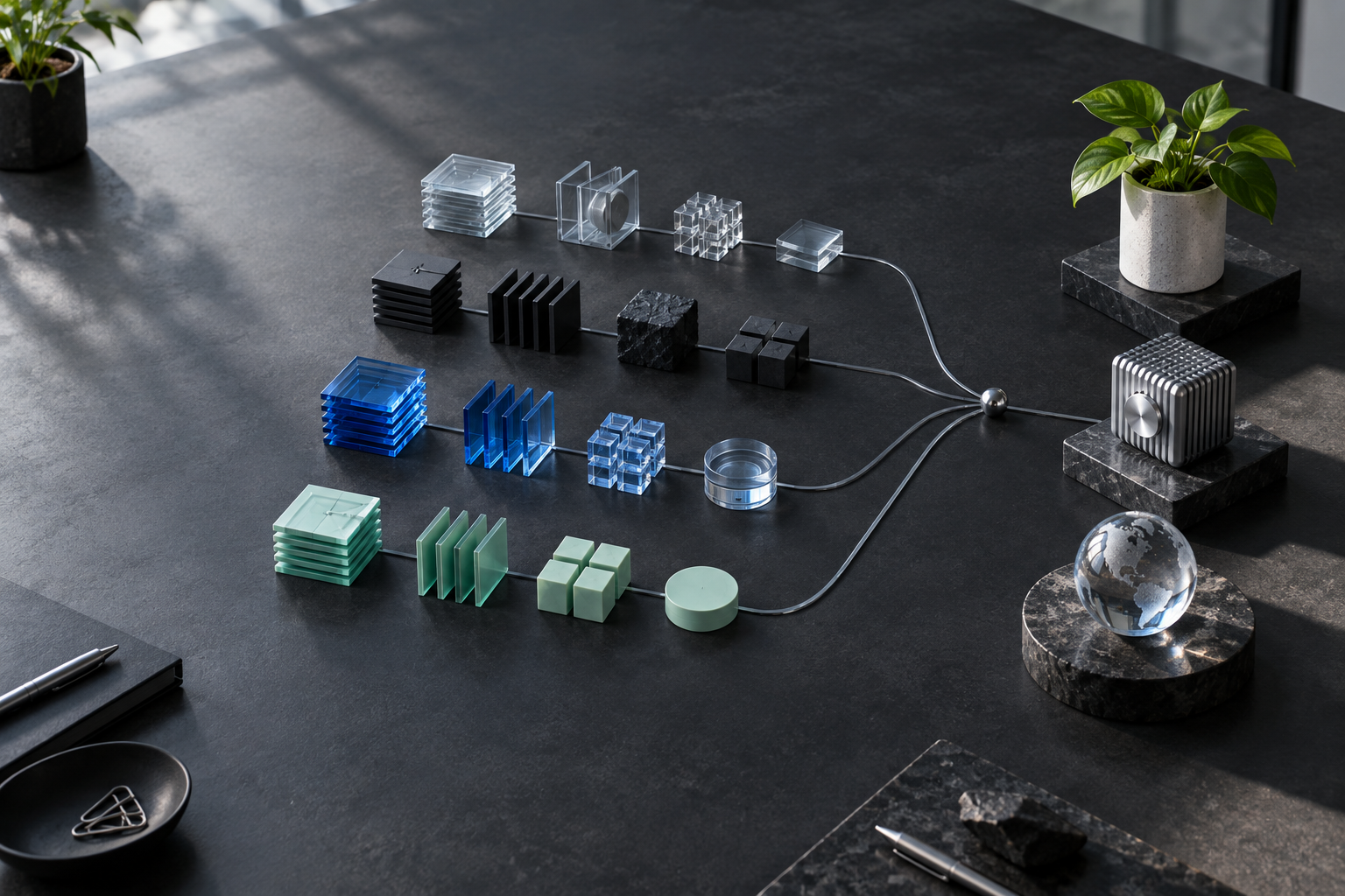 Distinct modular components converging into finished objects on a studio worktable