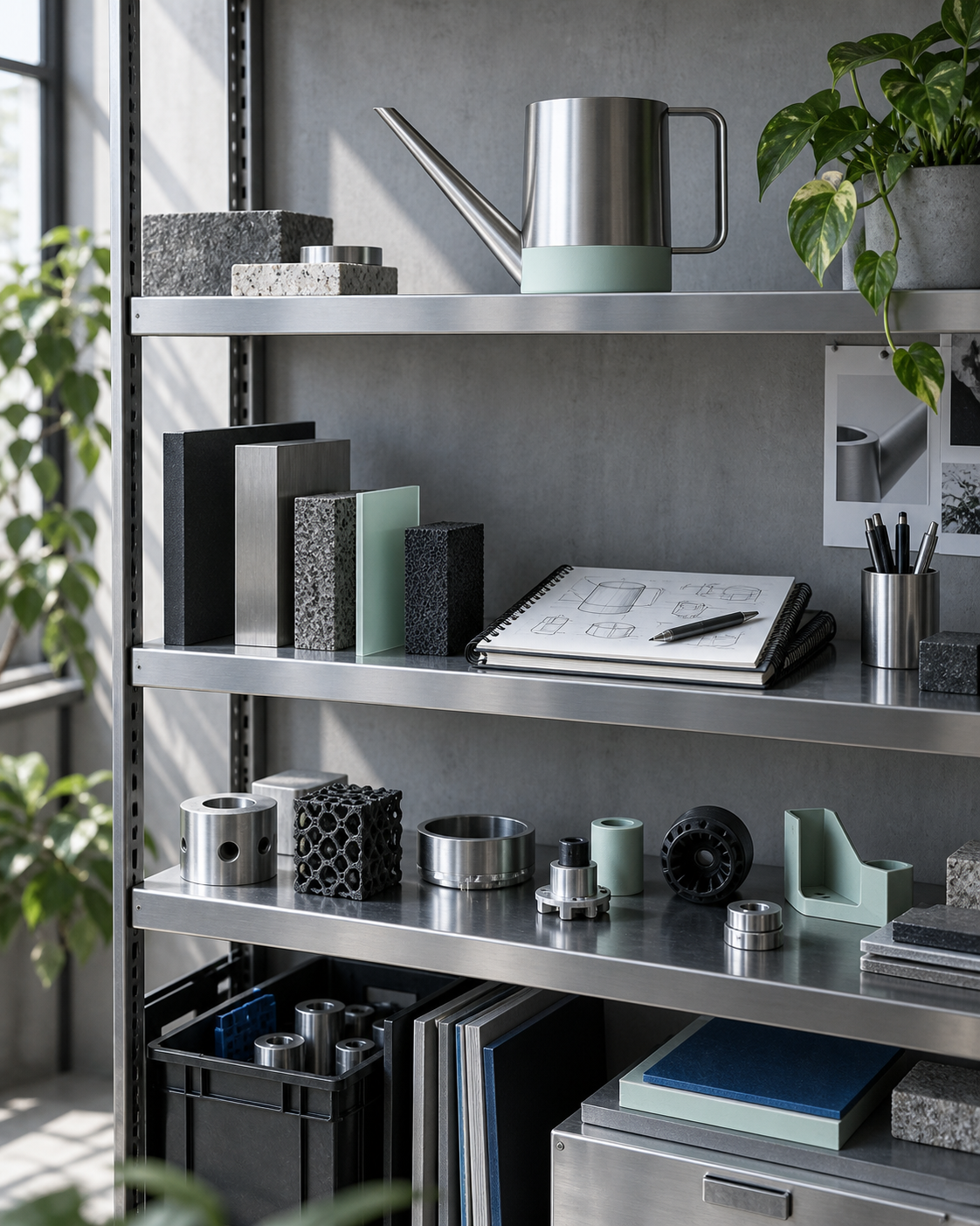 A workshop shelf with research materials, prototypes, and one finished useful object